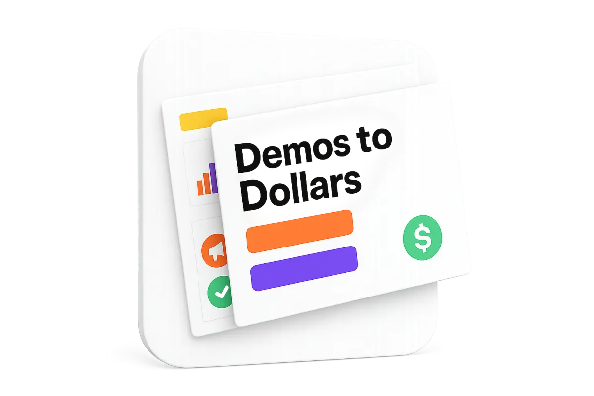 Isolated rounded product card showing the Velara Studio 'Demos to Dollars' slide preview as a clean app card with no background, full product silhouette, soft shadow removed for transparency, 3/4 view of slides thumbnails, bright saturated buttons on the slide, photorealistic isolated product image.