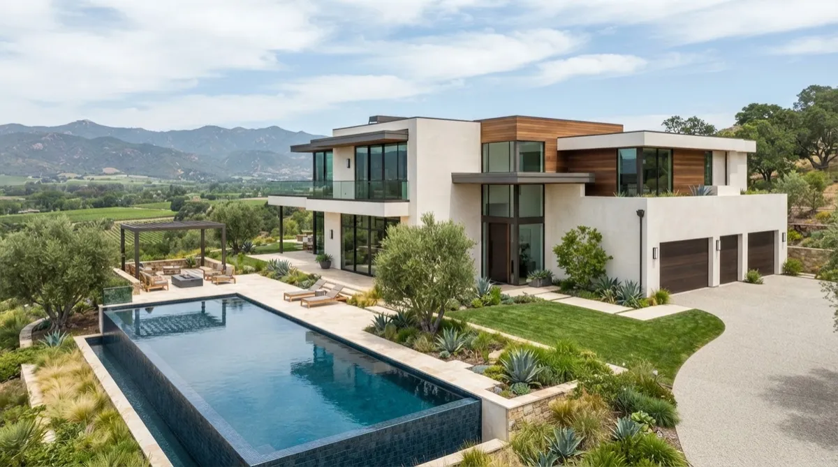 Modern luxury architectural estate with smooth designer stucco exterior