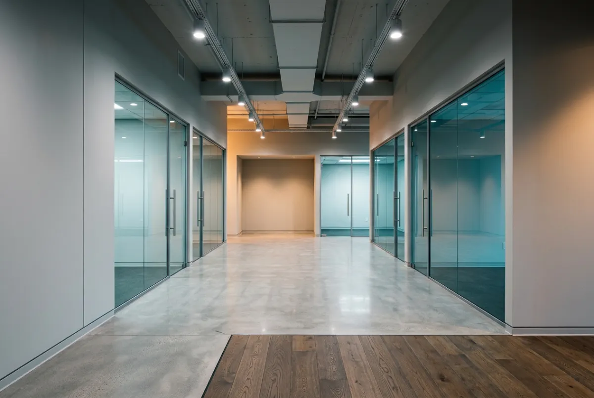 Turnkey post-construction handover with clean glass panels, spotless drywall joints, and detailed flooring