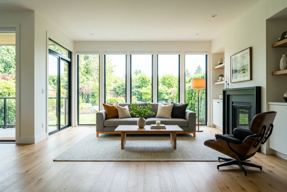 Immaculate residential living room with polished hardwood floors and pristine architectural surfaces