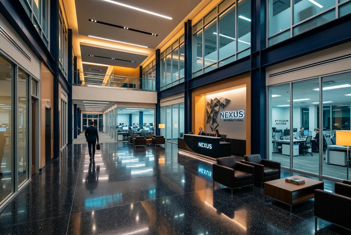 Spotless corporate office with high-traffic commercial flooring and sanitized workstation corridors