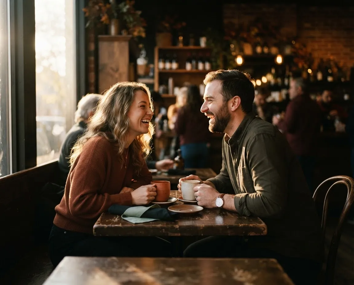 Paul and Kim laughing together at a quiet autumn cafe table with natural golden sunlight