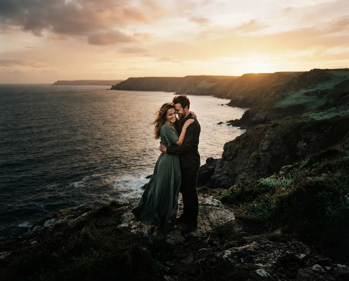 Kim and Paul embracing on the Big Sur cliffs at golden hour after the romantic proposal
