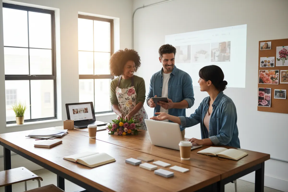 A group of diverse small business owners, including a florist, a café manager, and an online retailer, collaborating in a bright, welcoming workspace with marketing materials and digital devices.