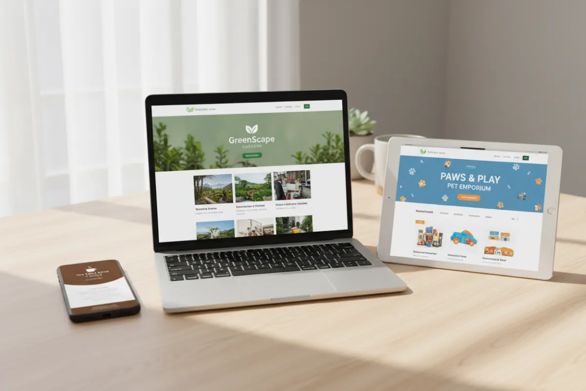 A modern, responsive website design displayed on multiple devices, including a laptop, tablet, and smartphone, all featuring a unique small business brand aesthetic.