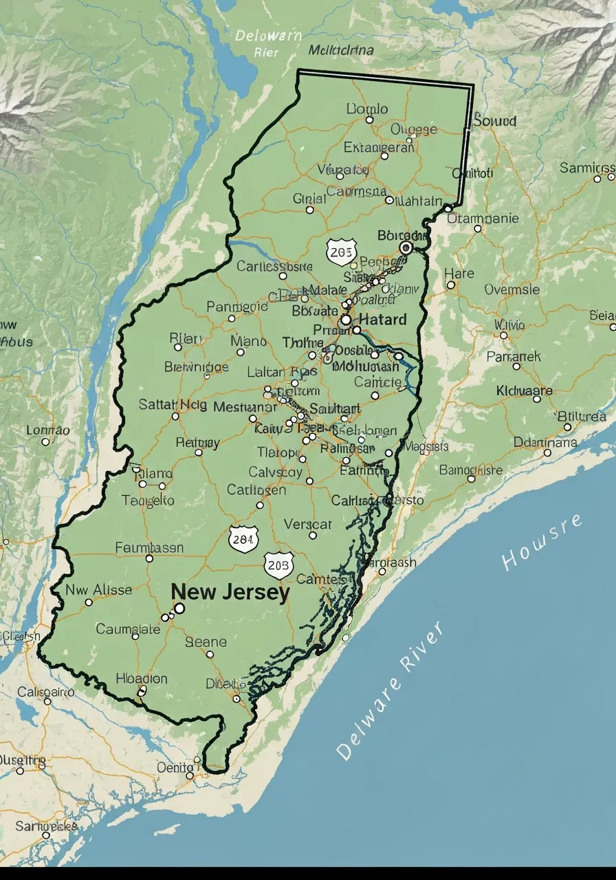 Map of the state of New Jersey with specific eastern coastal counties highlighted in red
