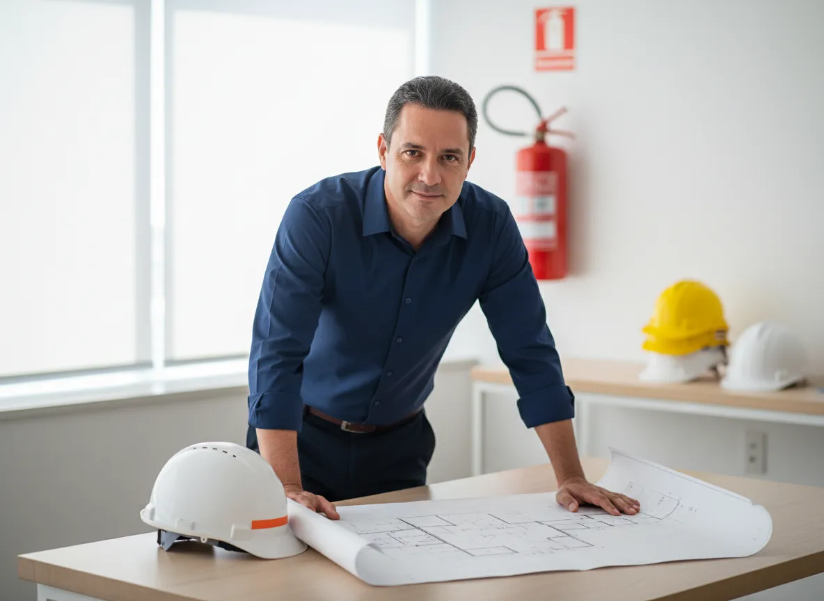 Profissional de arquitetura e projetos contra incêndio analisando planta técnica