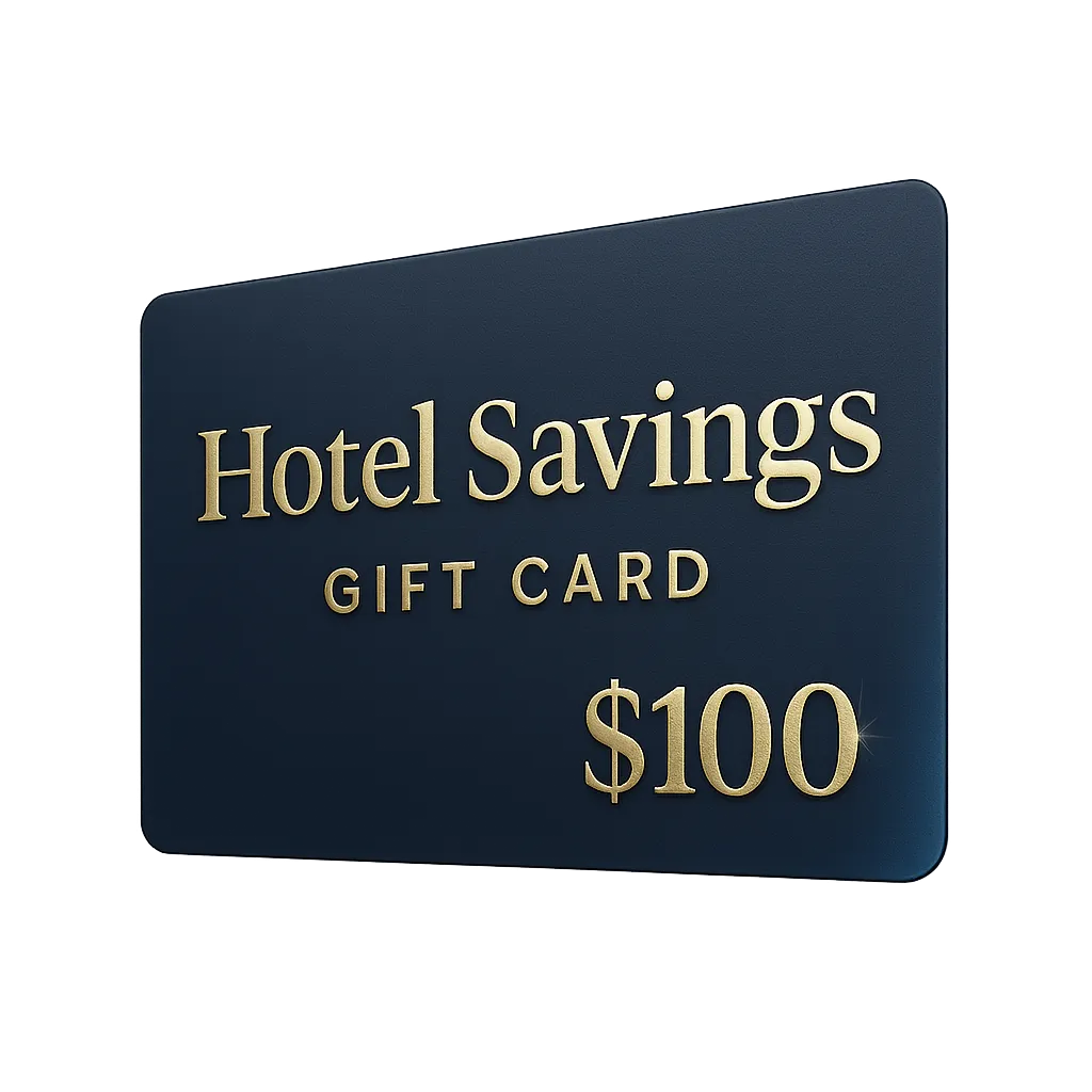 Hotel savings gift card graphic showing $100 reward