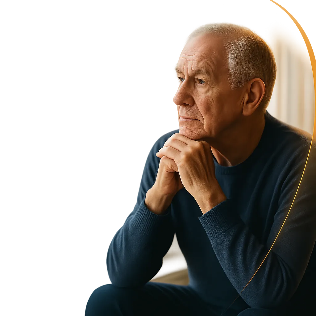 A thoughtful senior looking slightly isolated but hopeful, conveying empathy regarding hearing loss struggles.
