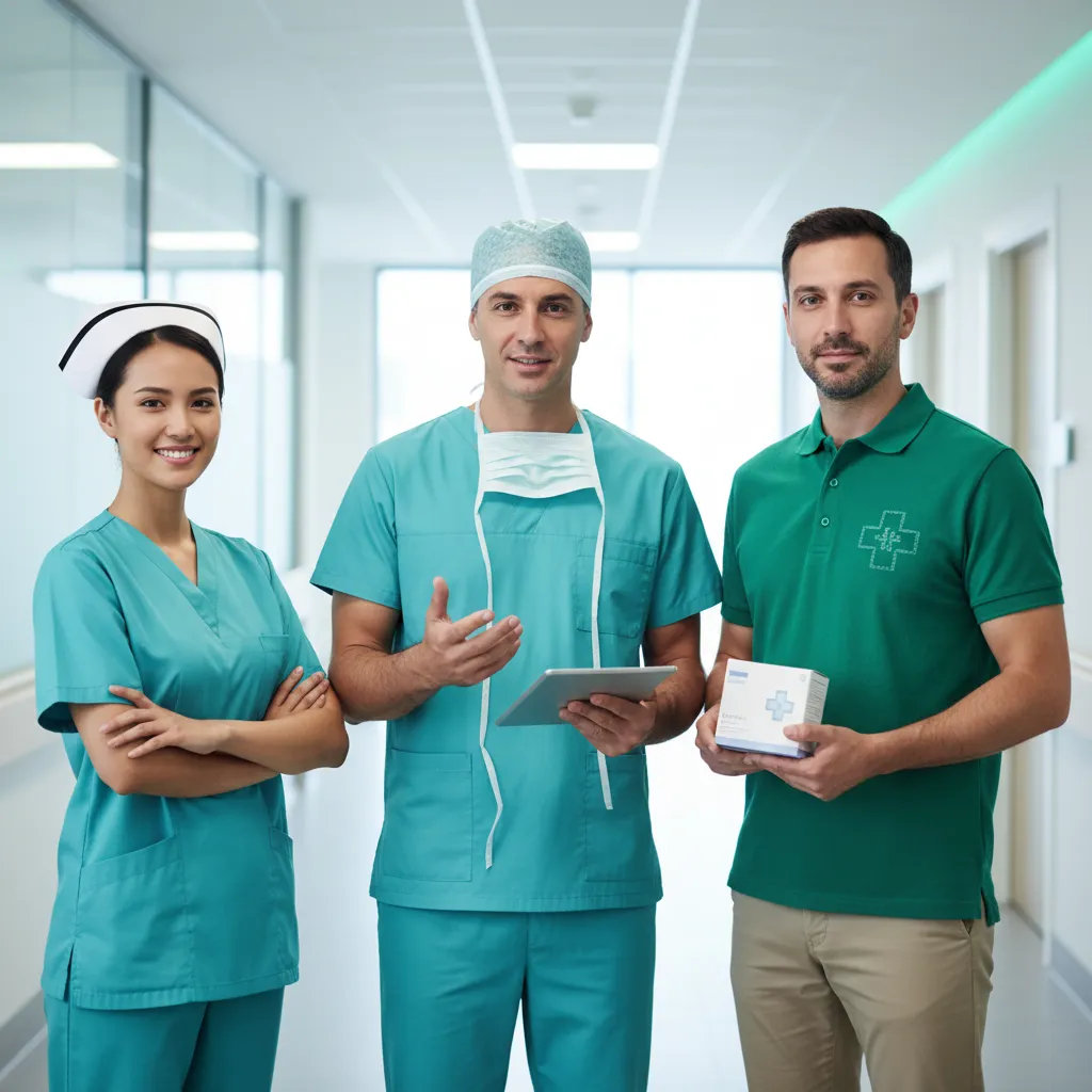 Grupo diverso de profesionales médicos, incluyendo un cirujano, una enfermera y un distribuidor, reunidos en un entorno hospitalario moderno, todos con uniformes limpios y actitud profesional, fondo suave en tonos aqua y verde.