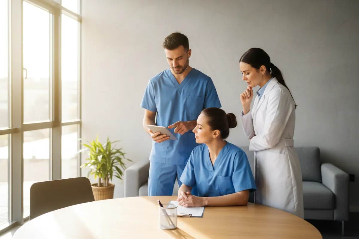 Personal médico colaborando en una sala de consulta moderna, revisando datos en una tableta digital, ambiente profesional, luz natural, estilo realista, composición horizontal