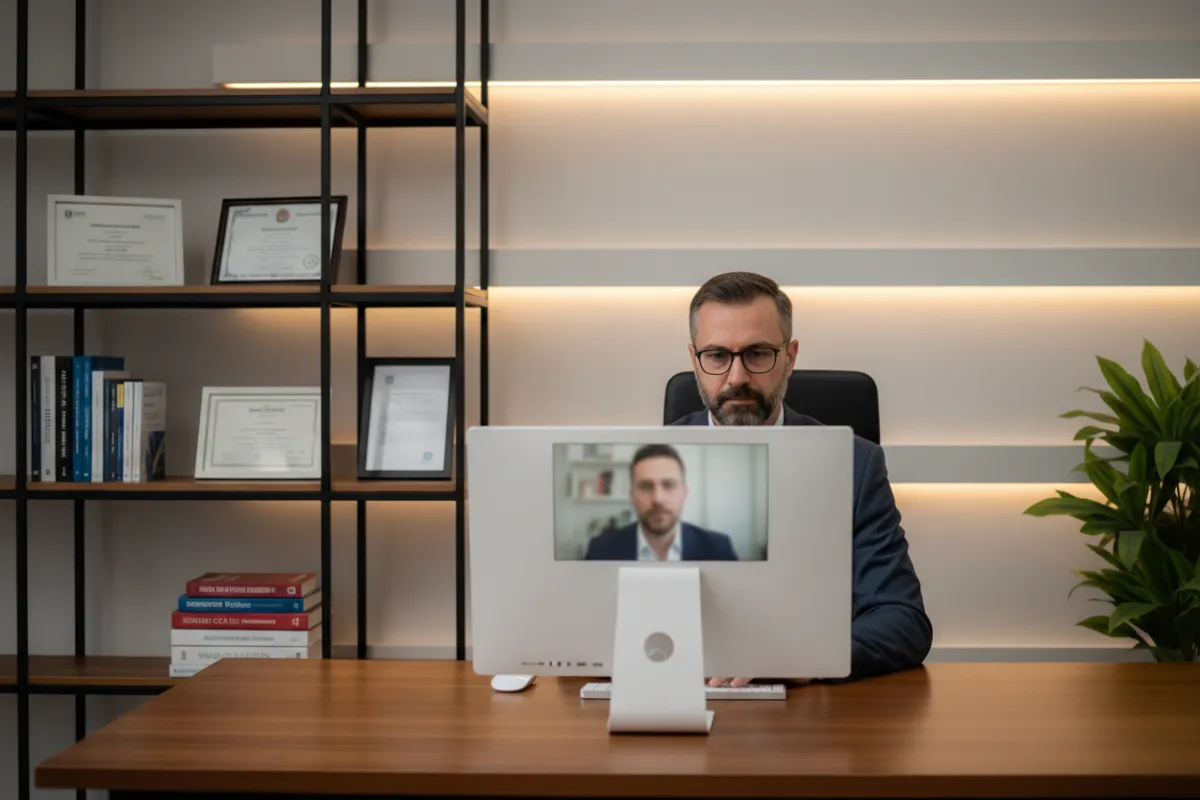 Asesor médico atendiendo una videollamada desde una oficina moderna, fondo con estantería y diplomas, ambiente profesional, estilo realista, composición horizontal