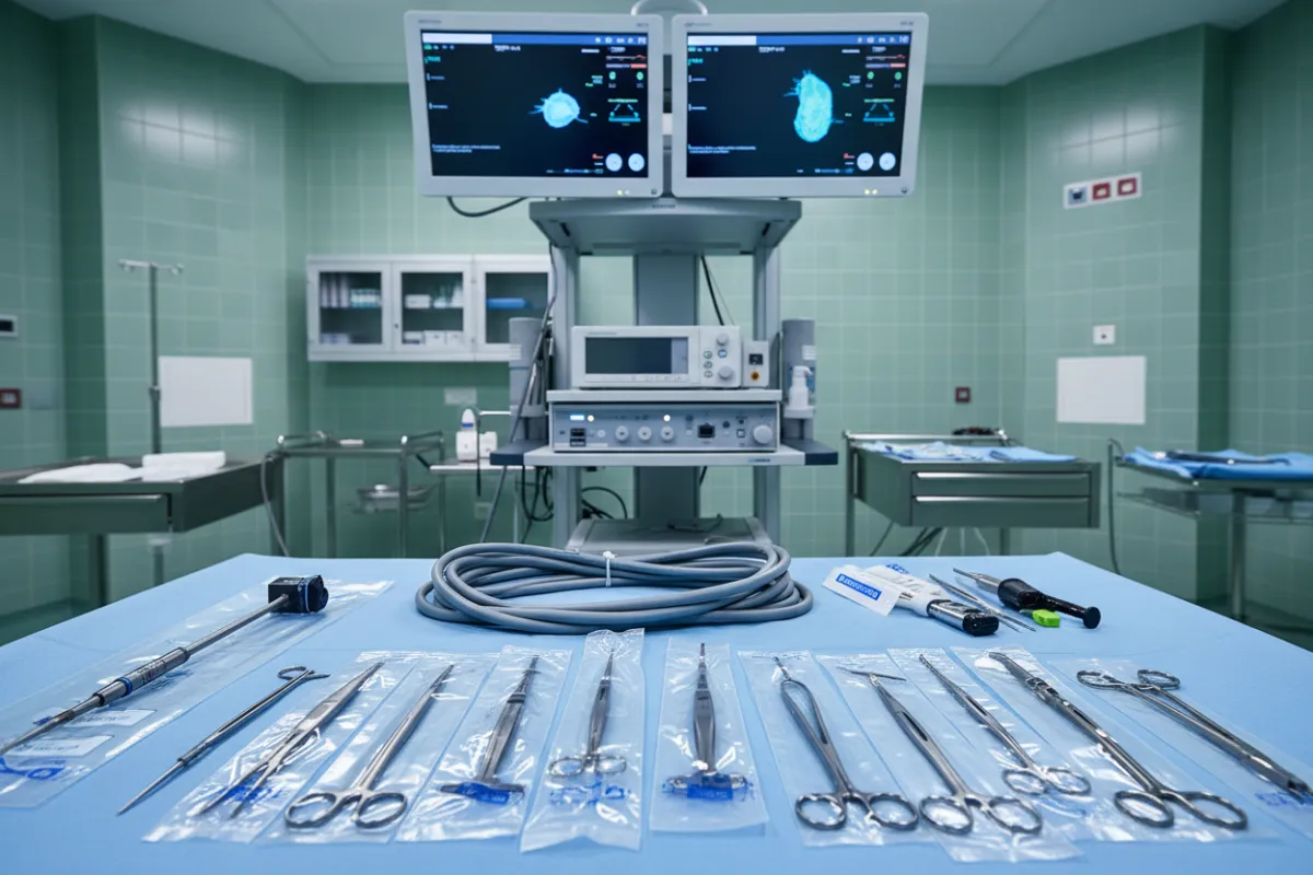 Equipo quirúrgico moderno para cirugía mínimamente invasiva, con instrumentos y monitores sobre una mesa de acero inoxidable en un entorno hospitalario limpio y ordenado, predominando tonos aqua y verde suave.