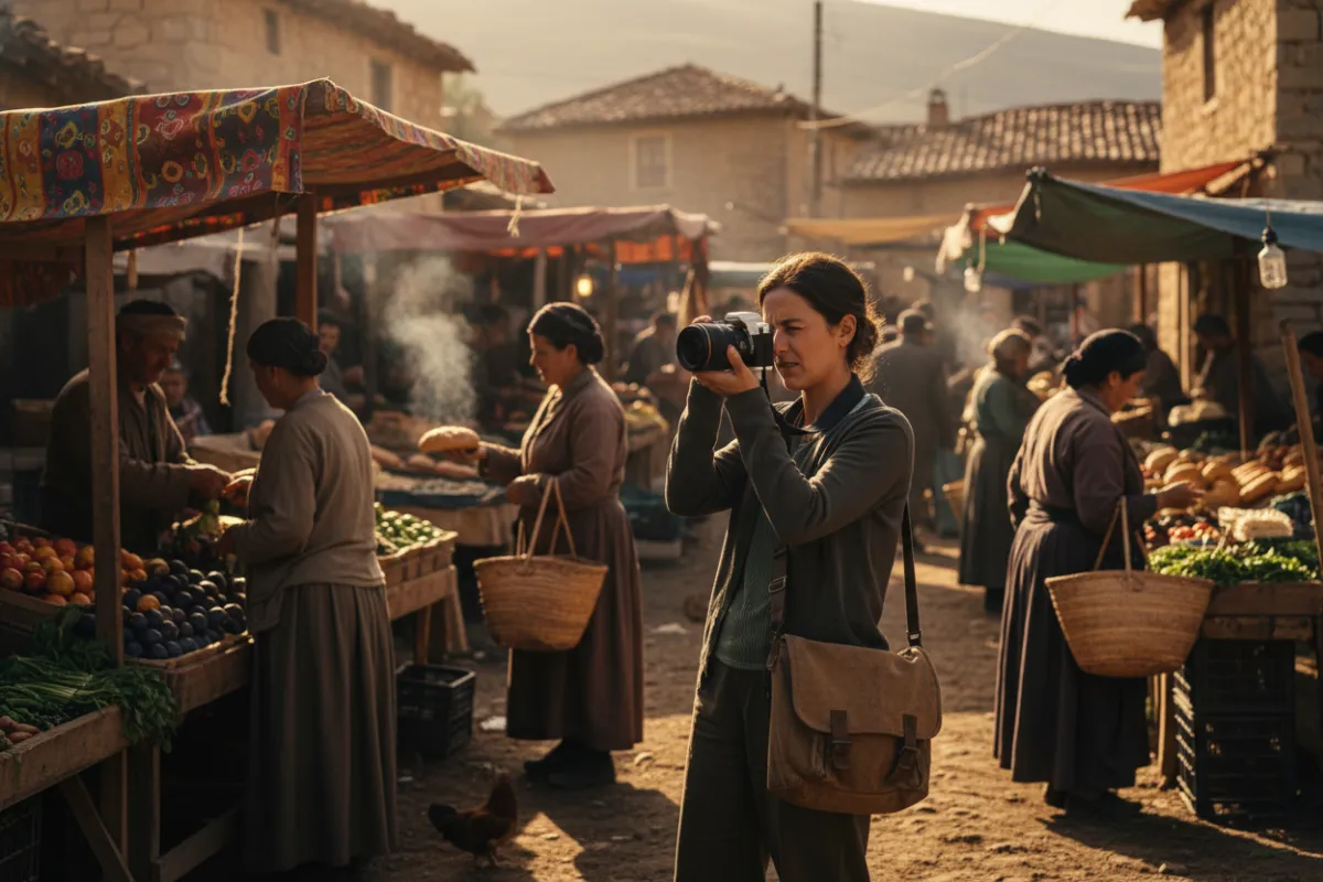 Community reporter photographing a village market on a bright morning, colorful stalls and local vendors visible.