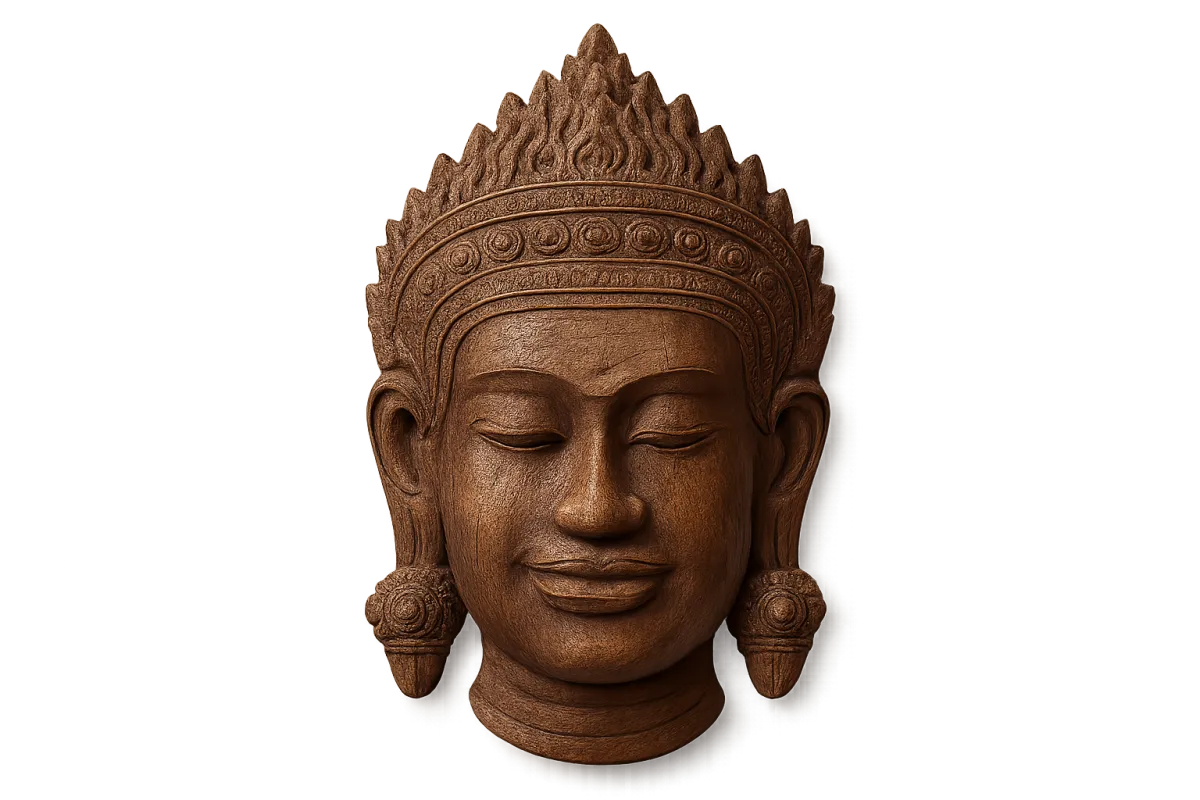 Carved Angkor-style wooden mask, photorealistic product shot, shadow-free, crisp edges, neutral lighting, cultural detail.