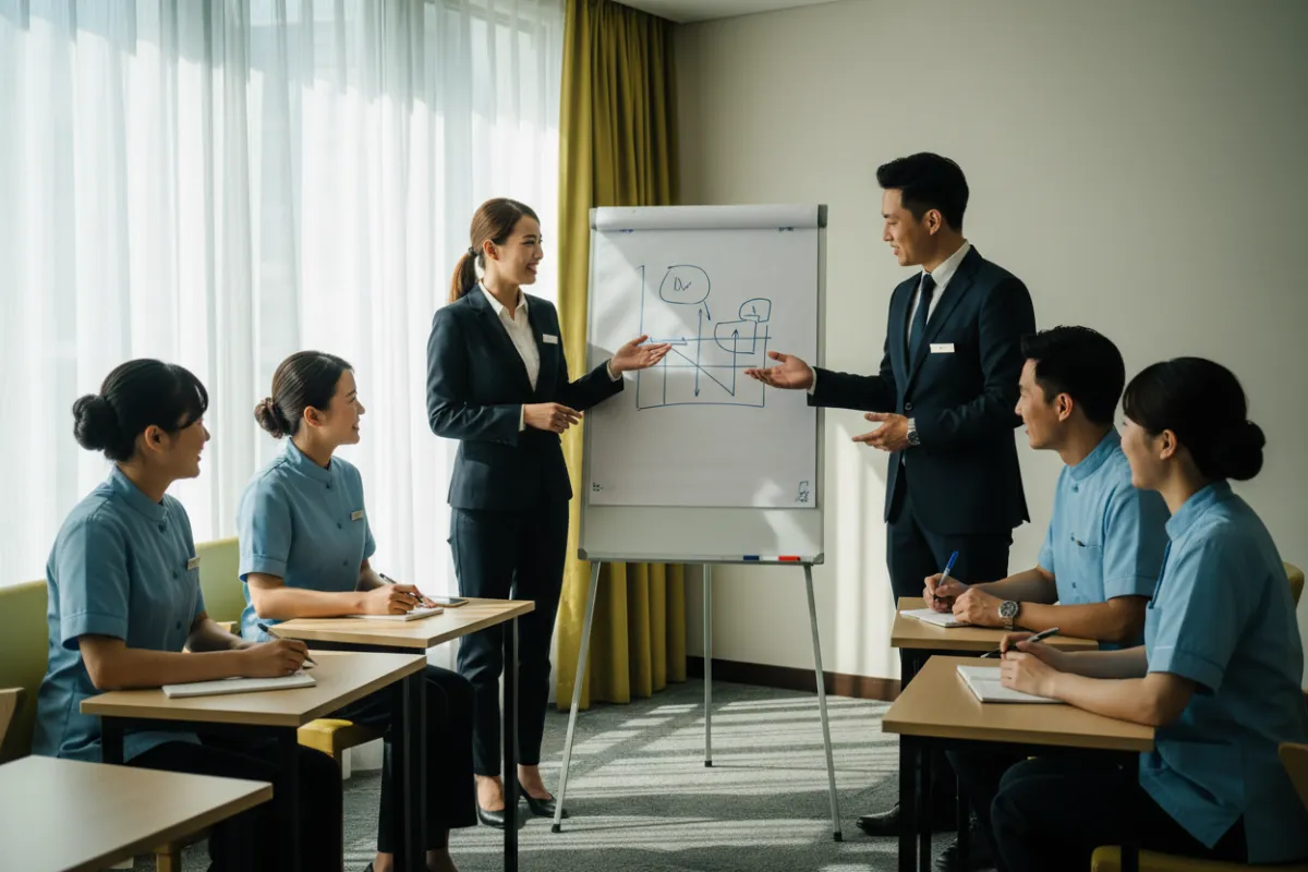 Small group training session: four instructors guiding hotel staff in front of a flip chart inside a bright training room with natural window light; candid, friendly atmosphere highlighting skill-building.