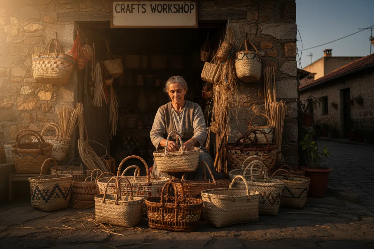 Portrait of a local artisan arranging woven baskets outside a craft workshop