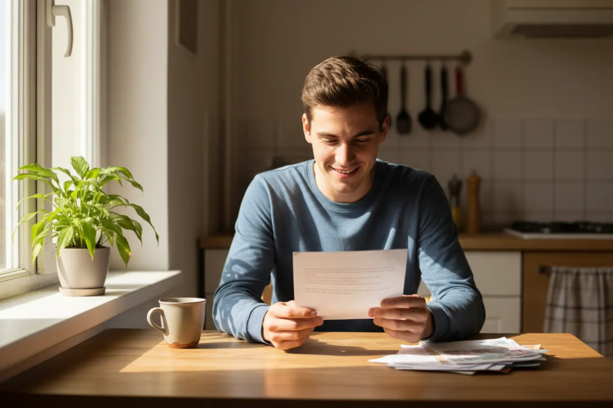 A young adult reviews a stack of bills at a kitchen table, sunlight streaming through a window. The person looks relieved as they read a letter marked 'Debt Discharged.' The setting is modest, with a plant and a mug in the background.