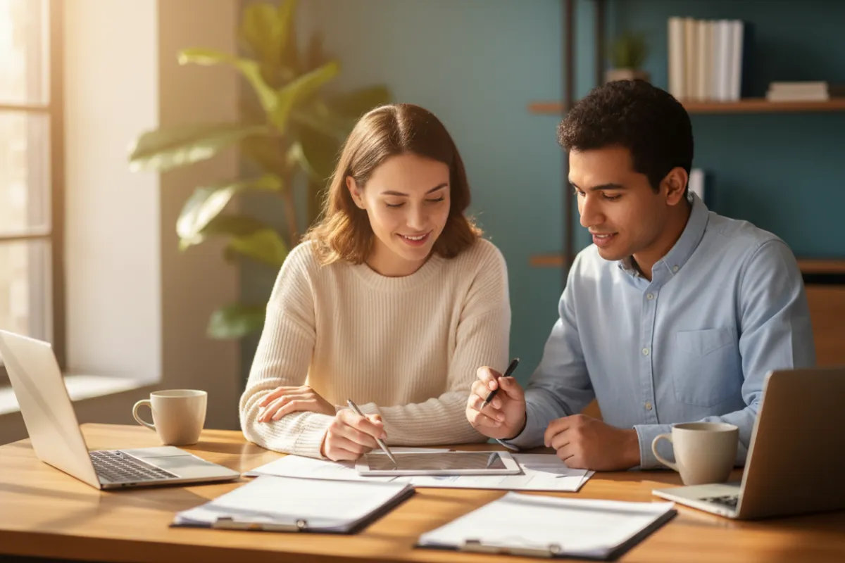 A calm, supportive financial advisor sits at a sunlit desk, gently guiding a diverse individual through paperwork. The background is softly blurred, evoking trust and reassurance. Both appear focused and hopeful, with natural light highlighting a sense of new beginnings.