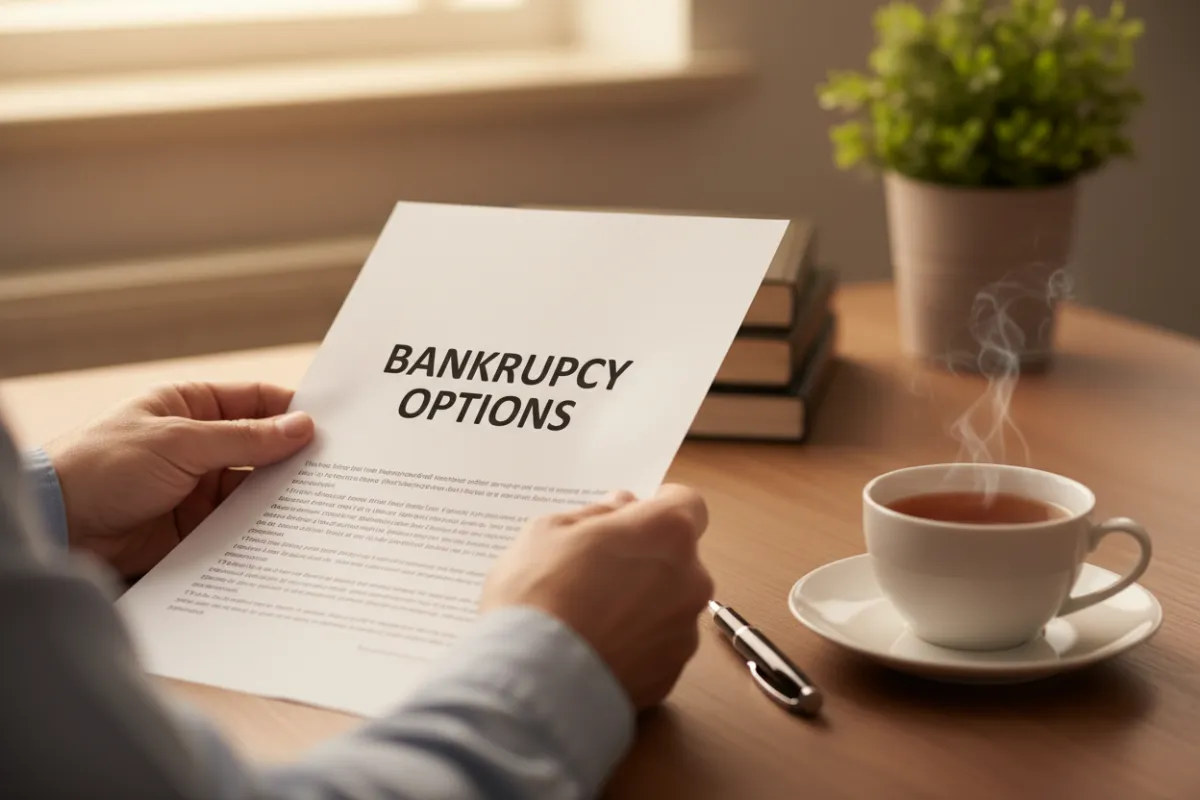 A close-up of hands holding a document labeled 'Bankruptcy Options' on a tidy table, with a pen and a cup of tea nearby. The scene is warmly lit, suggesting clarity and comfort, and the hands belong to a middle-aged person of indeterminate gender.