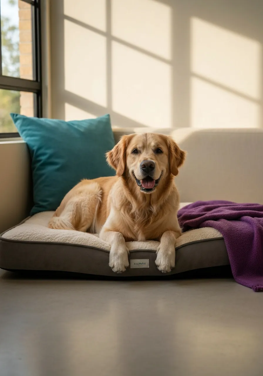 A happy dog resting comfortably on premium pet bedding