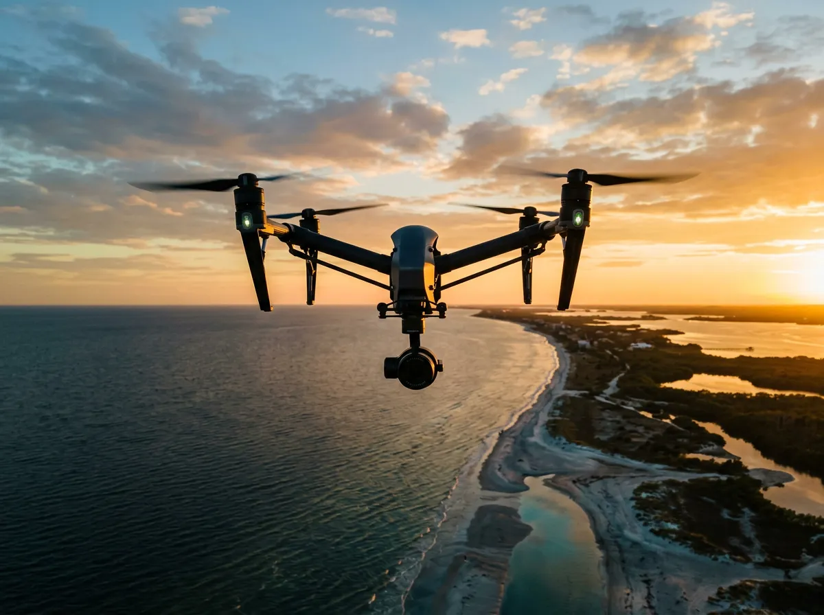 Coastal aerial drone view over Southwest Florida coastline and luxury event venue