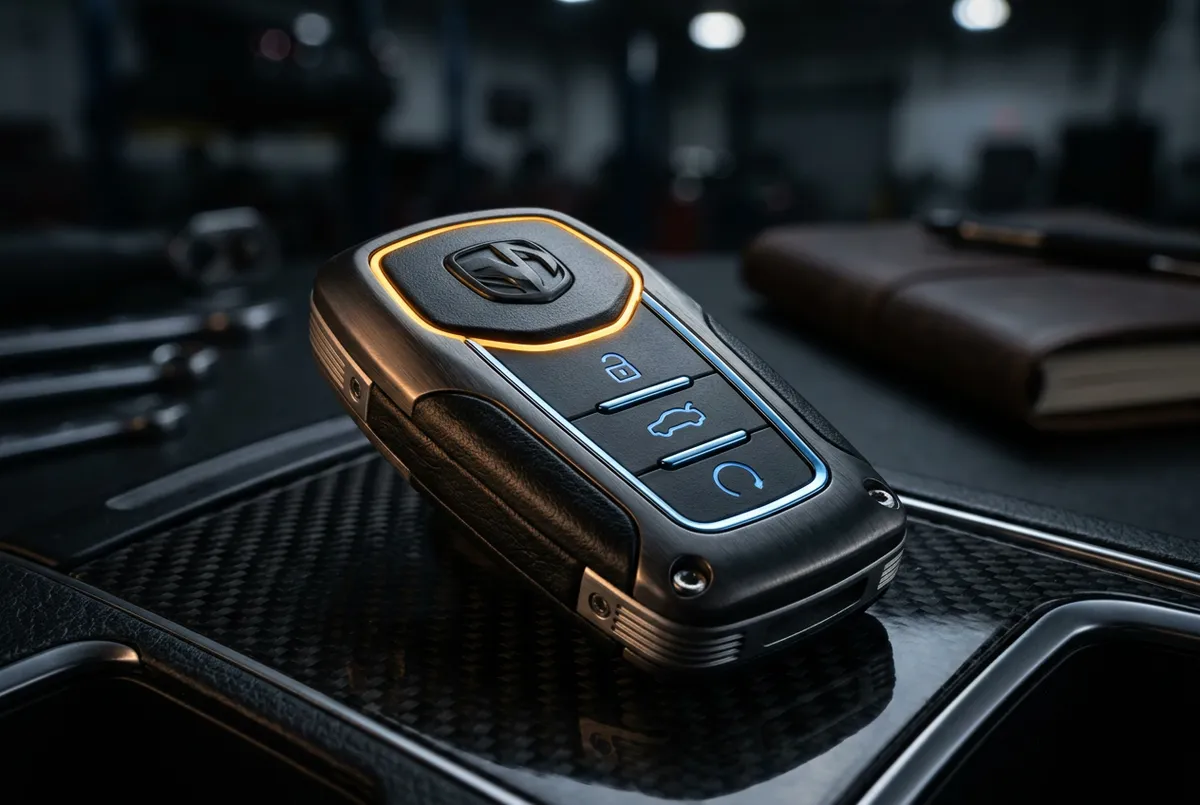 Automotive remote start 2-way key fob and digital bypass module system on shop workbench