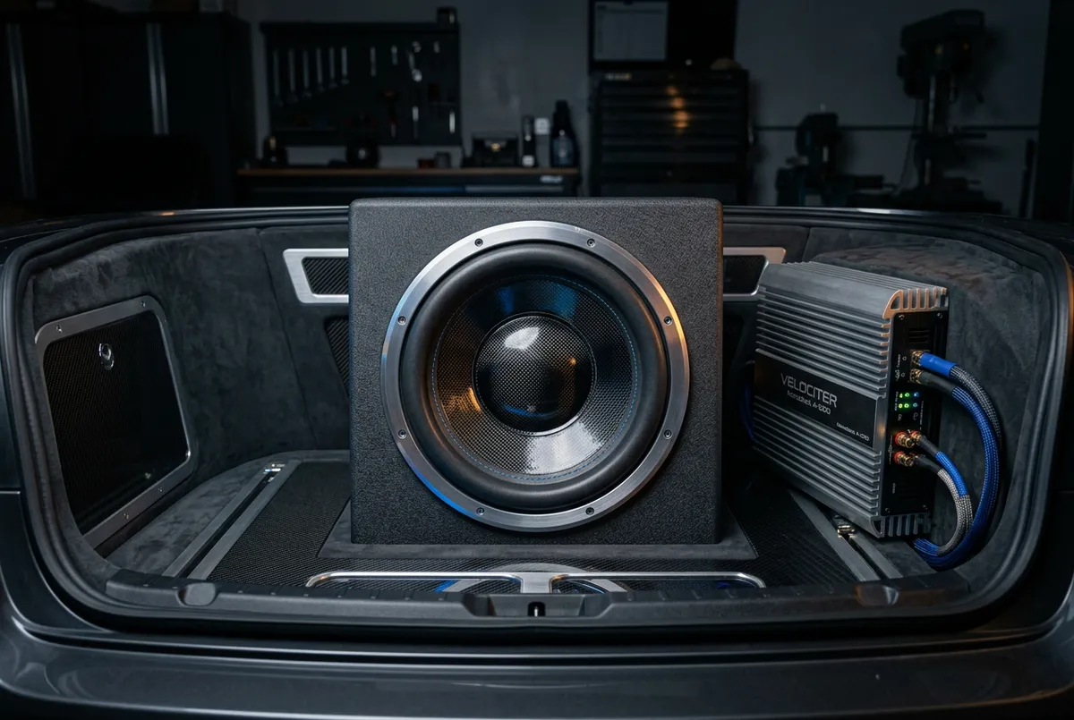 High-end automotive subwoofer and monoblock amplifier installation in a custom trunk enclosure