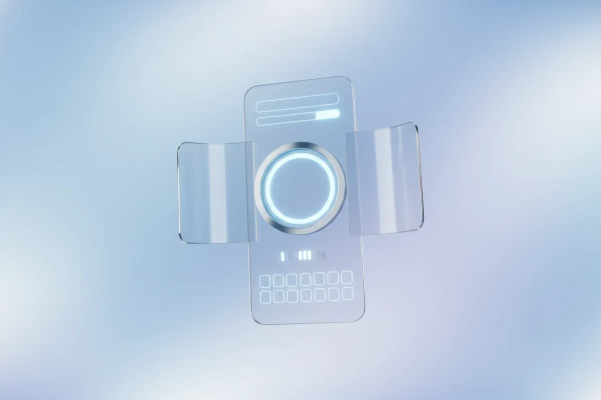 A 3:2 aspect ratio image of a 3D animated mobile app interface, featuring floating UI elements in blue and silver, with a futuristic, minimal design. The background is a soft gradient, and the composition is dynamic and clean.