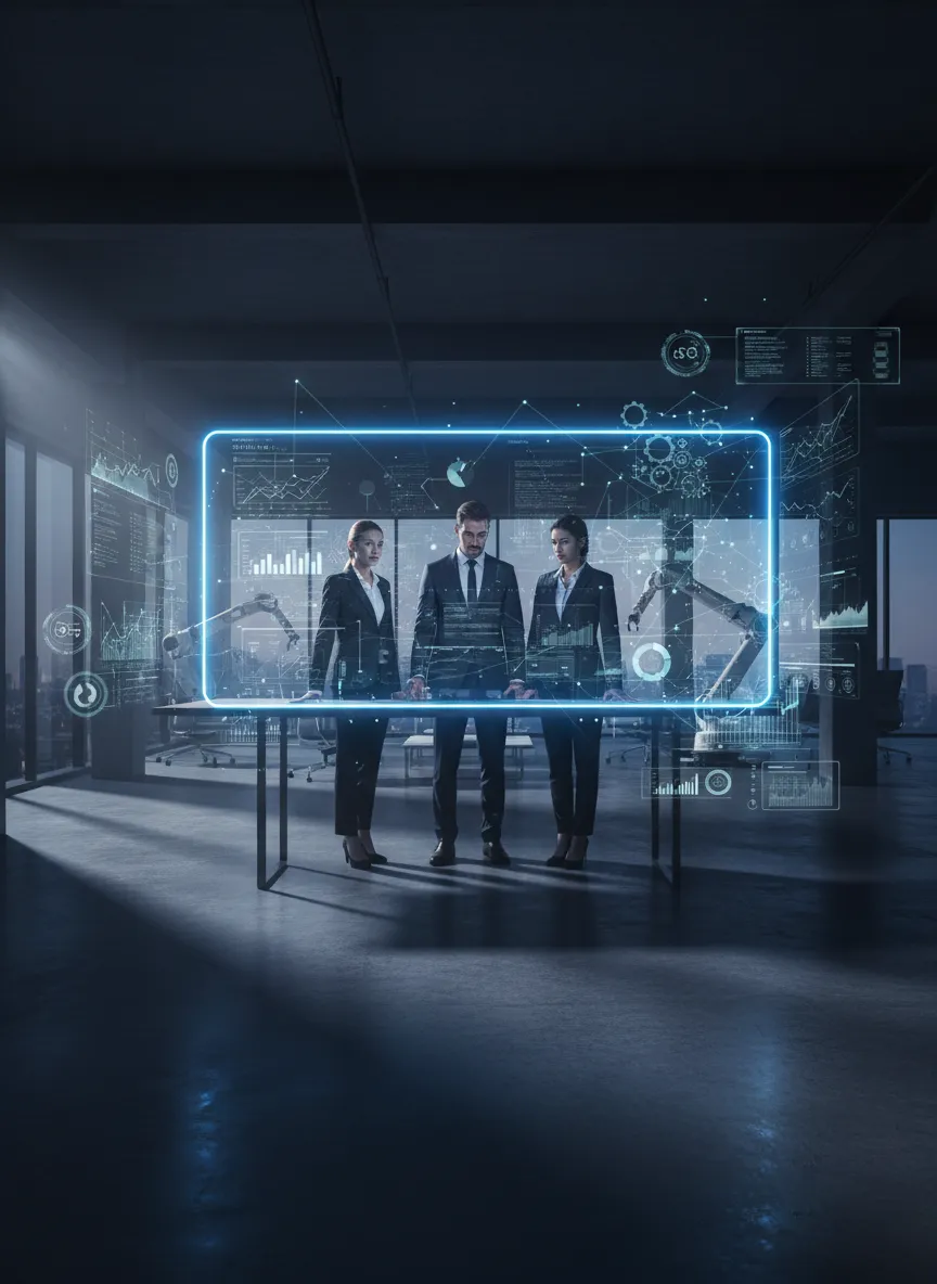Professional team collaborating with intelligent automation overlay