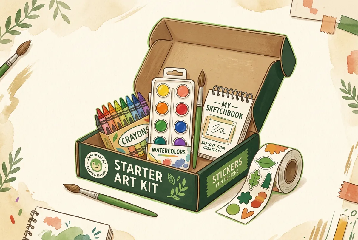Playful illustration of Starter Art Kit supplies and paints