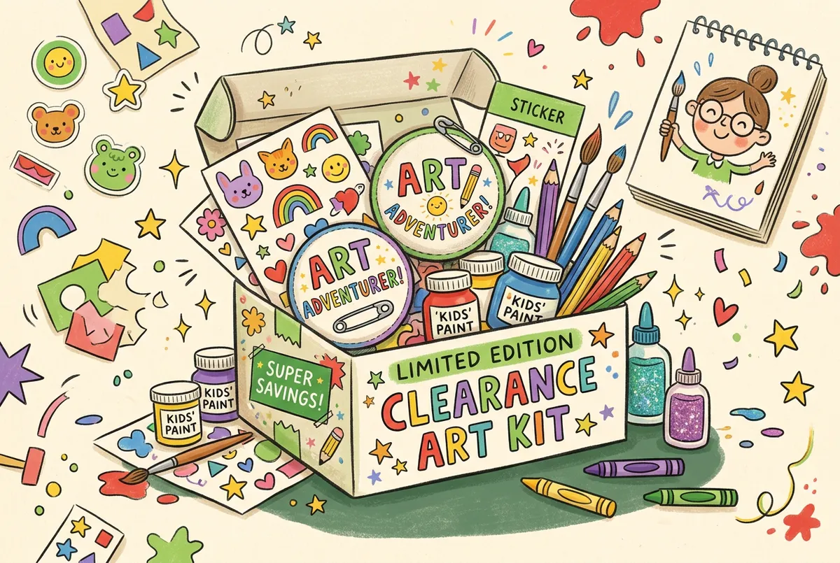Playful illustration of Limited Edition Clearance Art Kit with fun stickers