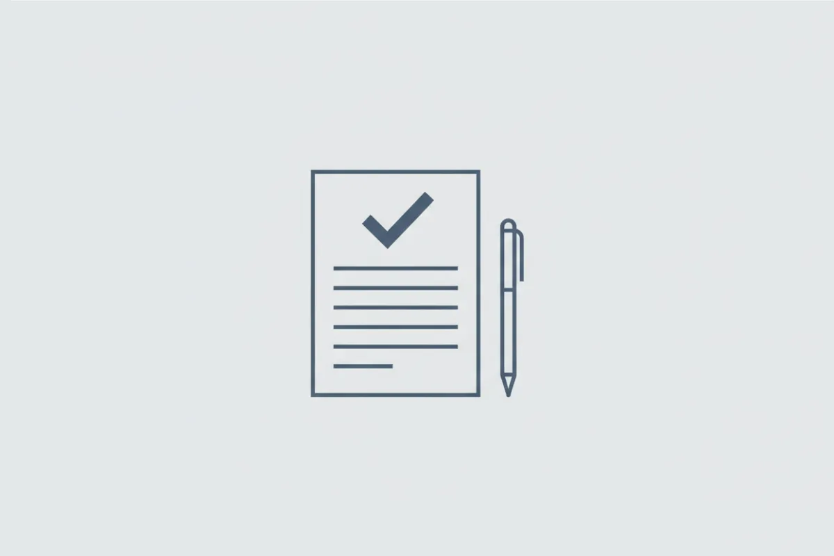 A minimal vector image of a contract document with a checkmark and a pen beside it, set on a soft gray background. The illustration uses clean lines and muted blue-gray colors to evoke a sense of trust and professionalism, with no people present.