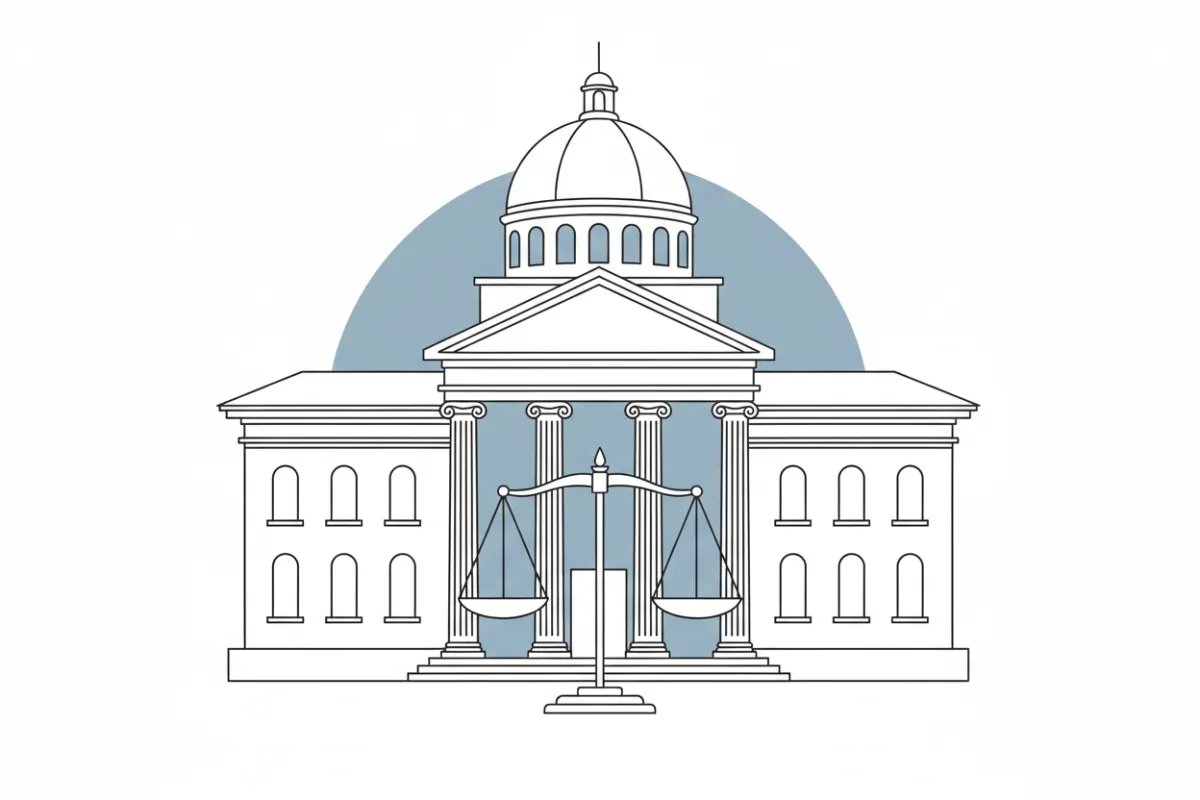 Line art illustration of a courthouse with balanced scales in front, set against a soft blue sky. Minimal color palette, conveys authority and fairness.