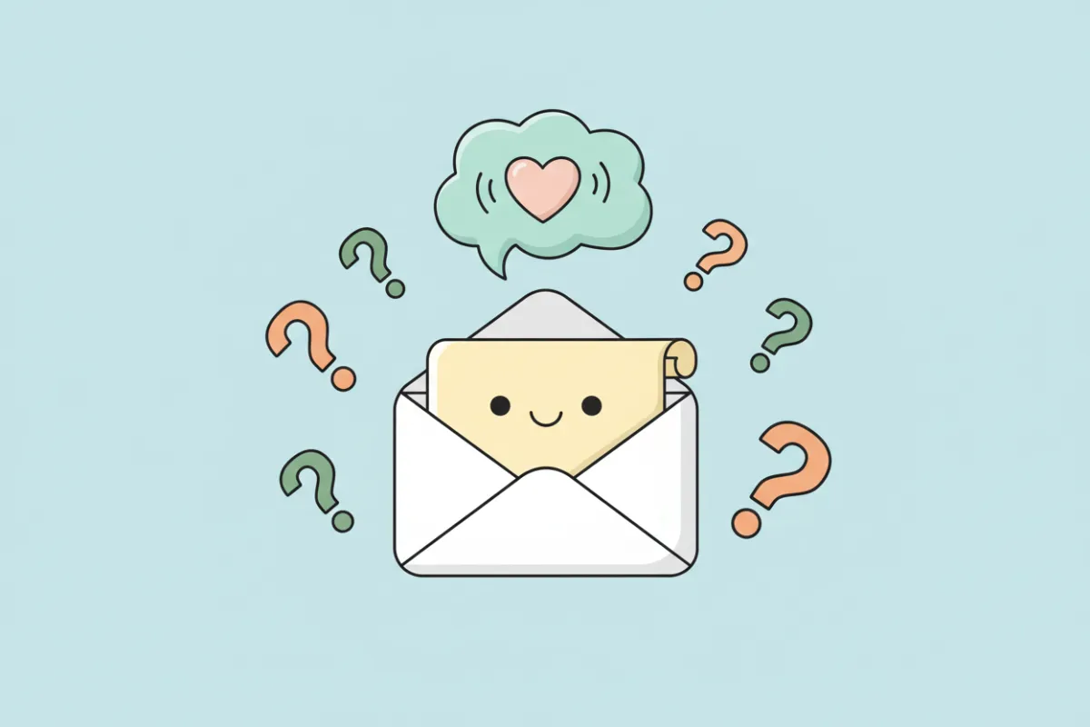 A vector illustration of an envelope with a letter emerging, surrounded by question marks and a speech bubble, set on a light blue background. The image conveys open communication and support, with a friendly, approachable style.