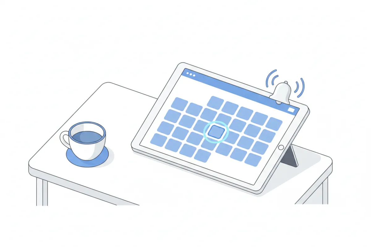 Modern flat illustration of a calendar with a highlighted date and a notification bell, set on a clean white desk with a coffee cup. The scene suggests timely updates and awareness, using soft blue and gray tones for a professional look.