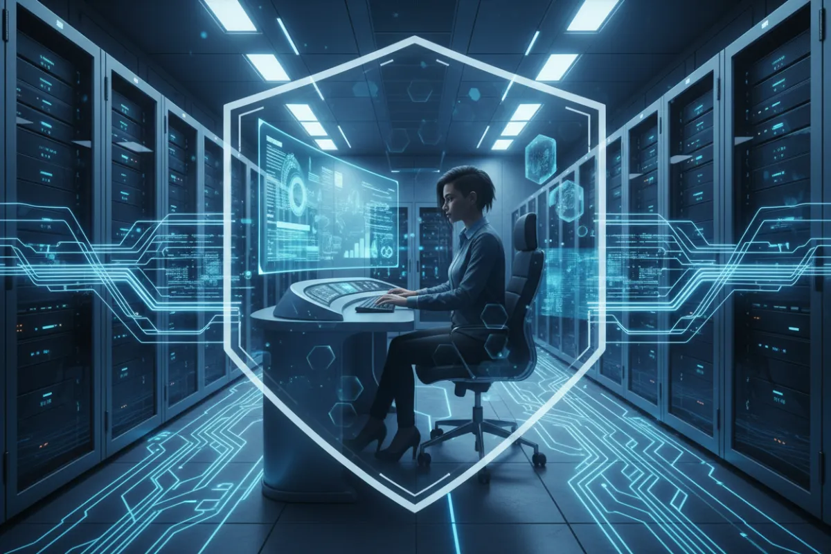 A semi-realistic illustration of a secure server room with glowing data lines, a transparent shield overlay, and a diverse team member monitoring data on a screen. The scene uses cool blue and white tones to convey security and privacy in a high-tech environment.