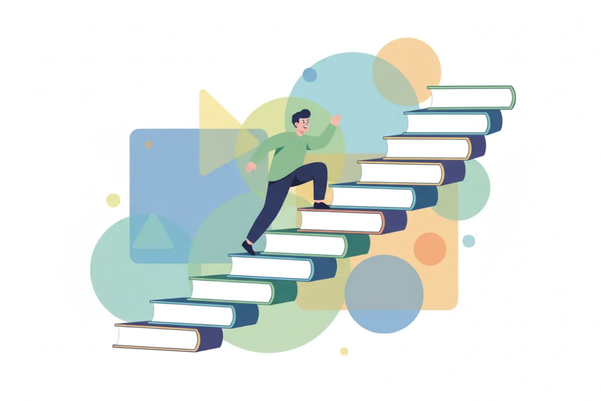 A modern, playful illustration of a person climbing a staircase made of books, each step labeled with a positive trait. The background features soft geometric shapes and subtle gradients, symbolizing progress and self-improvement.