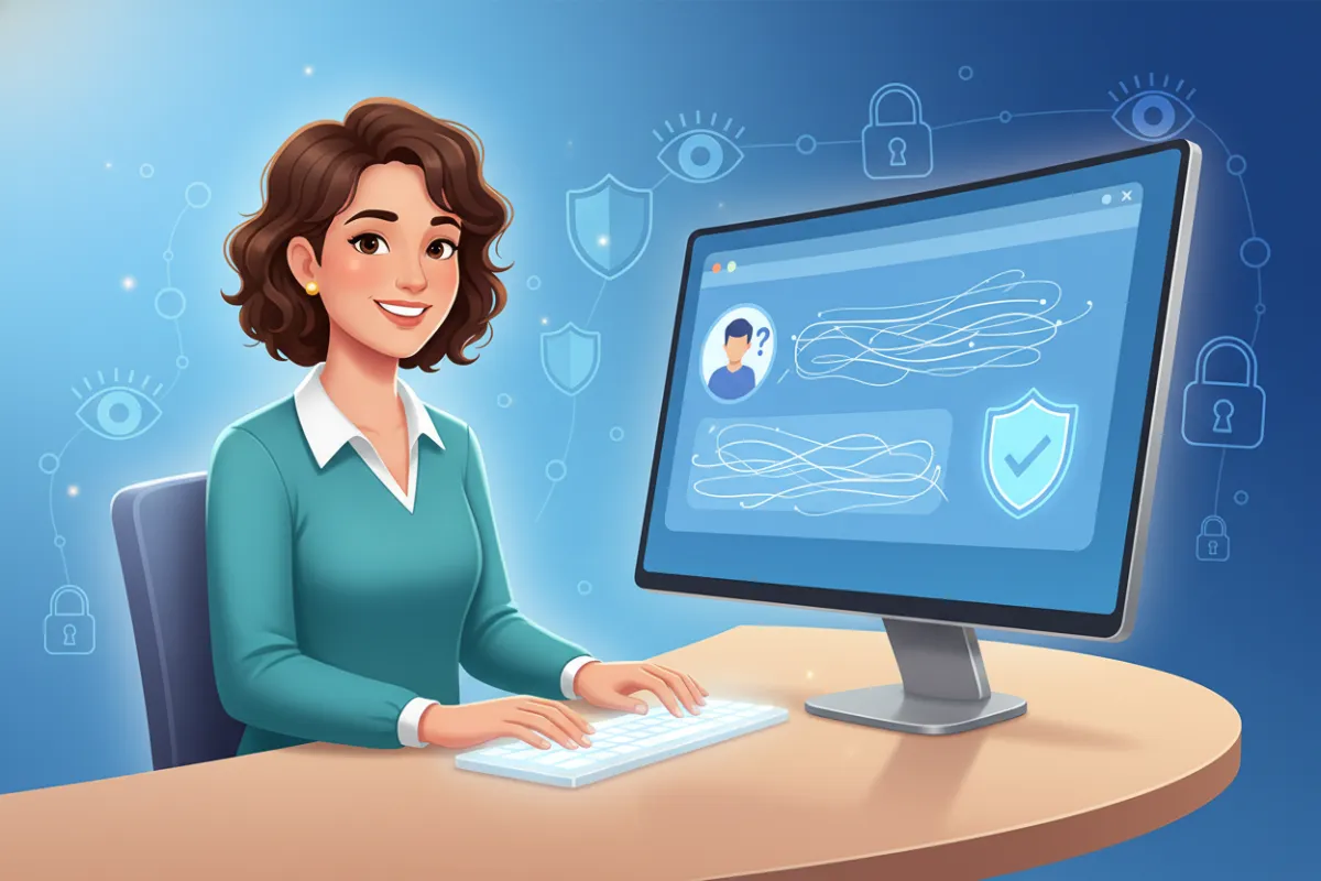Friendly support representative at a modern desk, engaging with a user via secure chat on a computer screen. The background features soft blue tones and privacy icons, emphasizing approachability and open communication for privacy-related inquiries.
