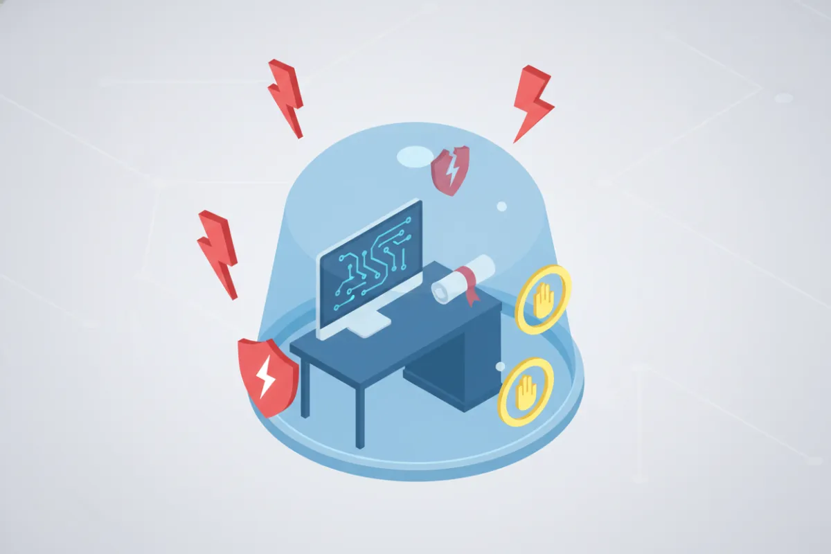 Isometric illustration of a protective barrier surrounding a computer and legal document, with abstract icons representing risk and caution.