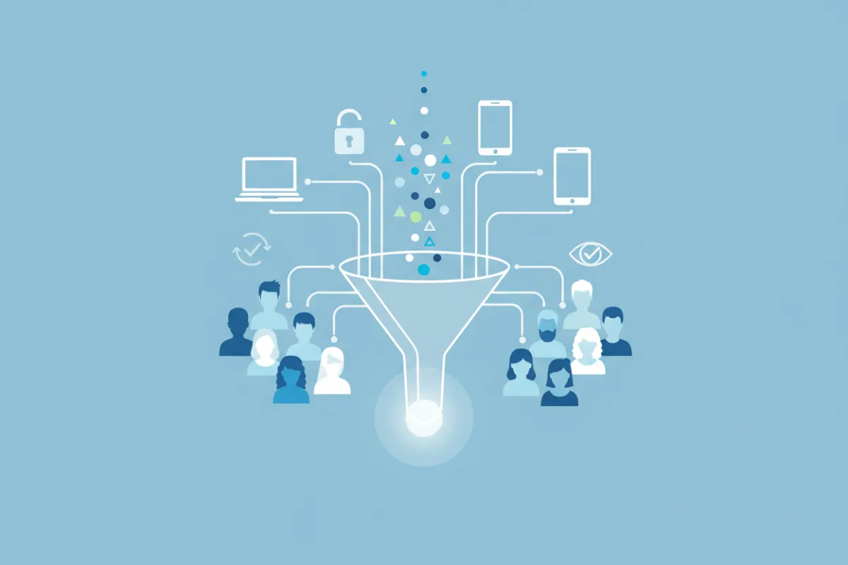 Abstract illustration of data points being securely collected from various devices, including a laptop, smartphone, and tablet, on a soft blue background. The composition features diverse user silhouettes and digital icons, conveying transparency and inclusivity in data gathering.