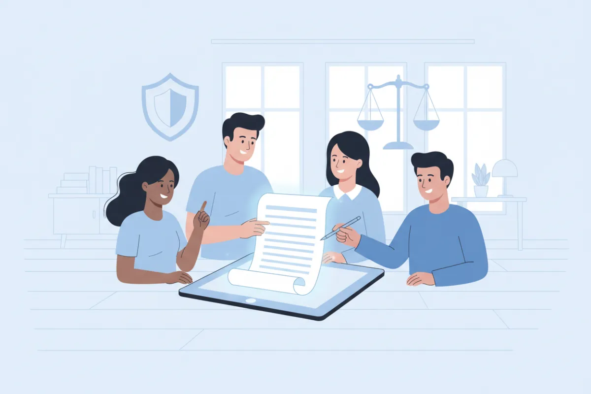 A flat illustration showing a diverse group of people reading a large document on a digital tablet, with abstract legal icons like a shield and scales in the background, set in a bright, modern office environment. The scene conveys clarity and approachability, with soft blue and white tones.