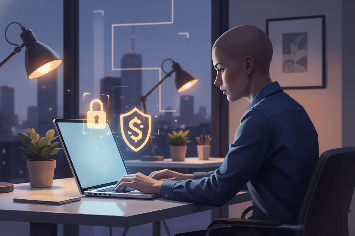 A digital painting of a person at a desk, securely logging into a laptop, with a lock icon and shield symbol nearby, representing responsibility and security.
