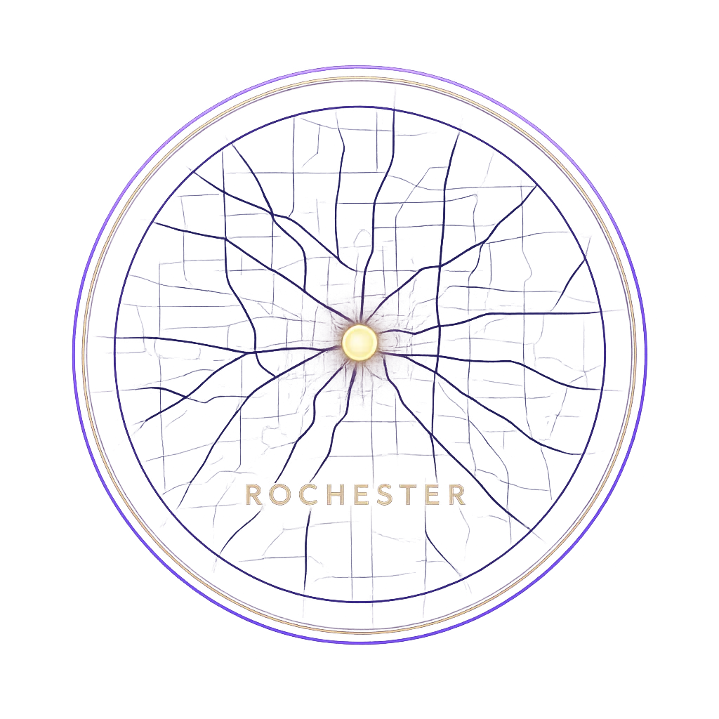 Stylized dark navigation map showing the 20-mile Rochester mobile detailing radius