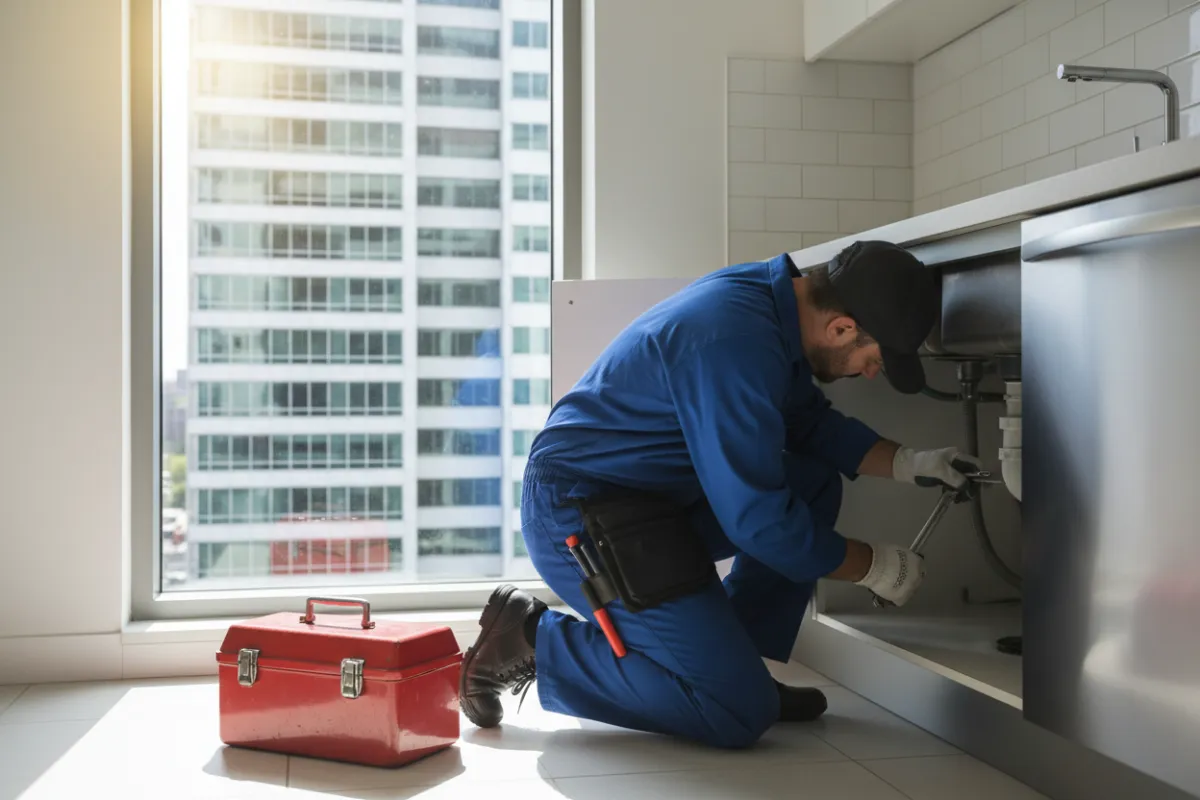 A plumber in uniform fixing a pipe under a kitchen sink in a modern home, with a toolbox nearby and a commercial building visible through a window.