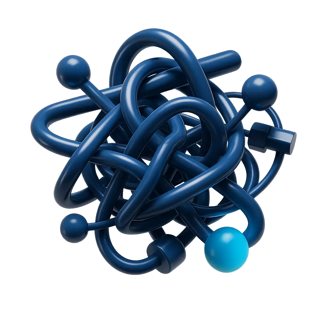 Abstract visualization of a fractured enterprise pipeline with tangled data nodes representing manual bottlenecks