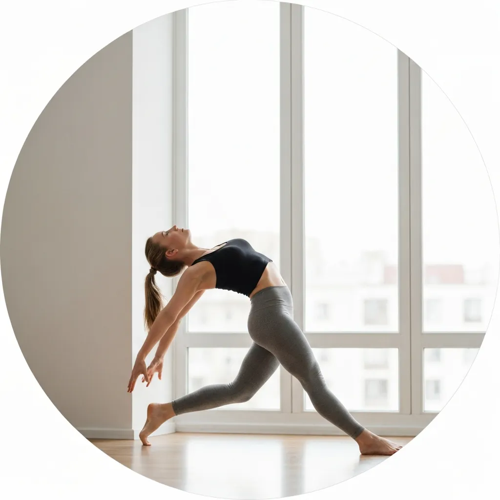 Circular inset image of a woman doing a standing backbend stretch by a bright window
