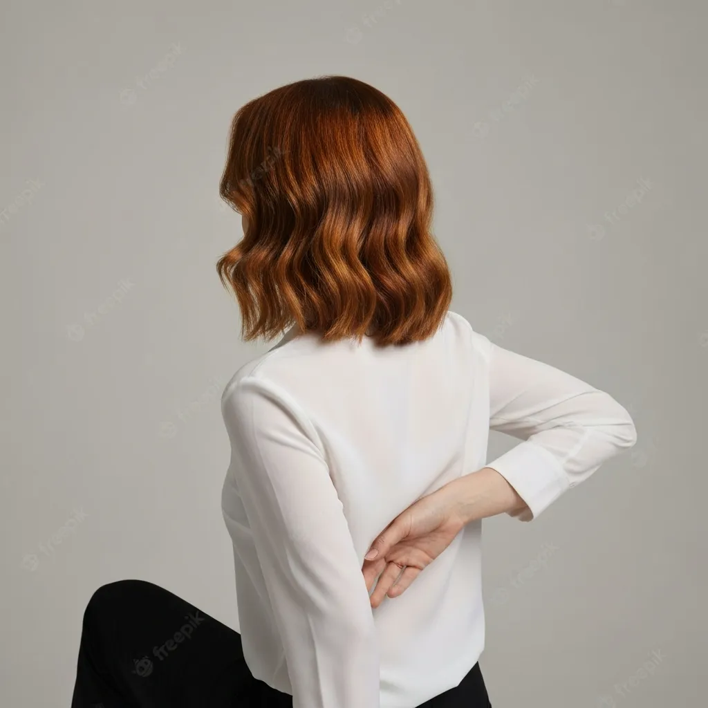 Woman sitting facing away holding a pose with arms clasped behind back