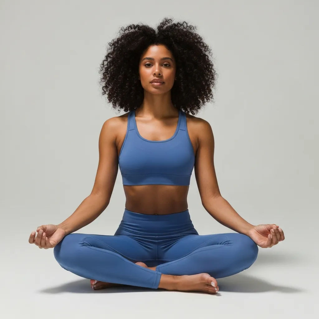 Woman in blue athletic wear sitting on the floor in a cross-legged lotus pose with hands resting on knees