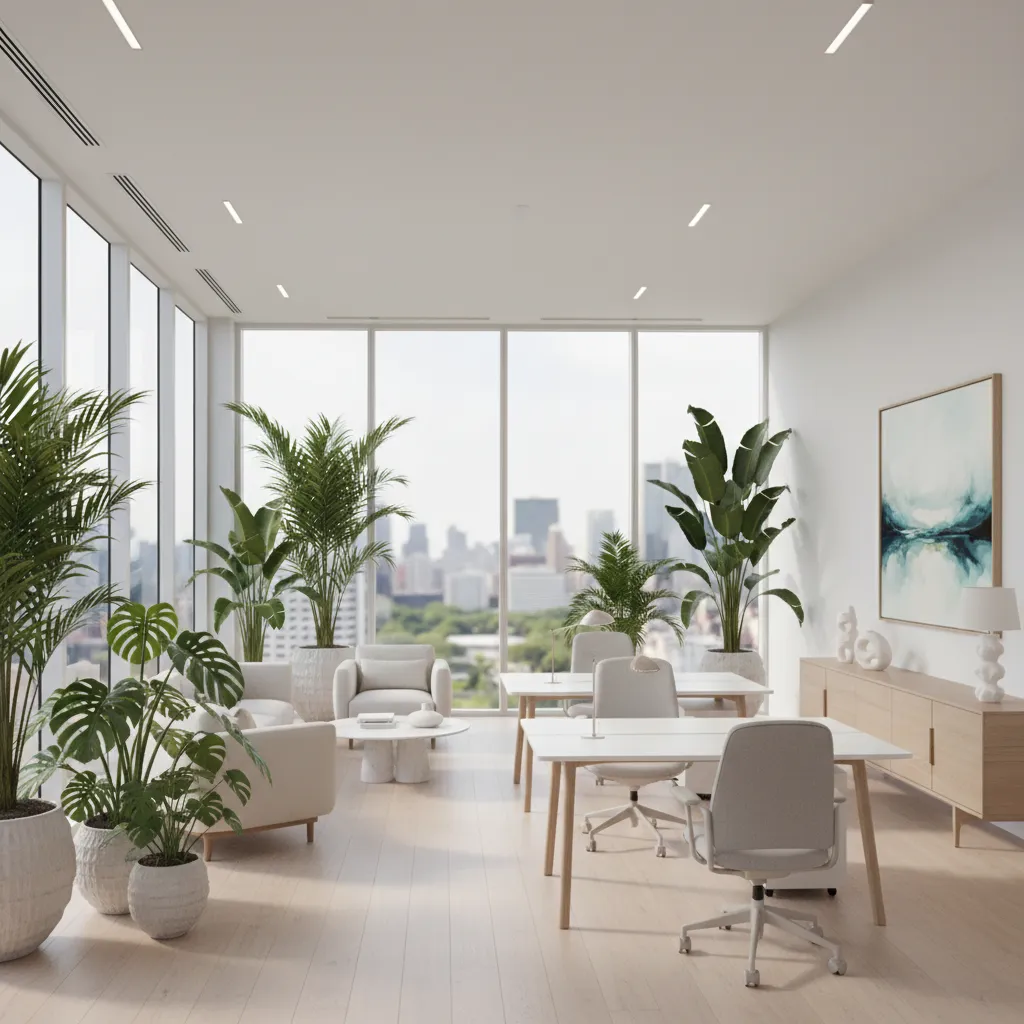 Oficina moderna y luminosa con ventanales grandes, plantas tropicales y decoración minimalista, ambiente profesional y acogedor, sin personas, estilo arquitectónico contemporáneo, mobiliario elegante en tonos claros.